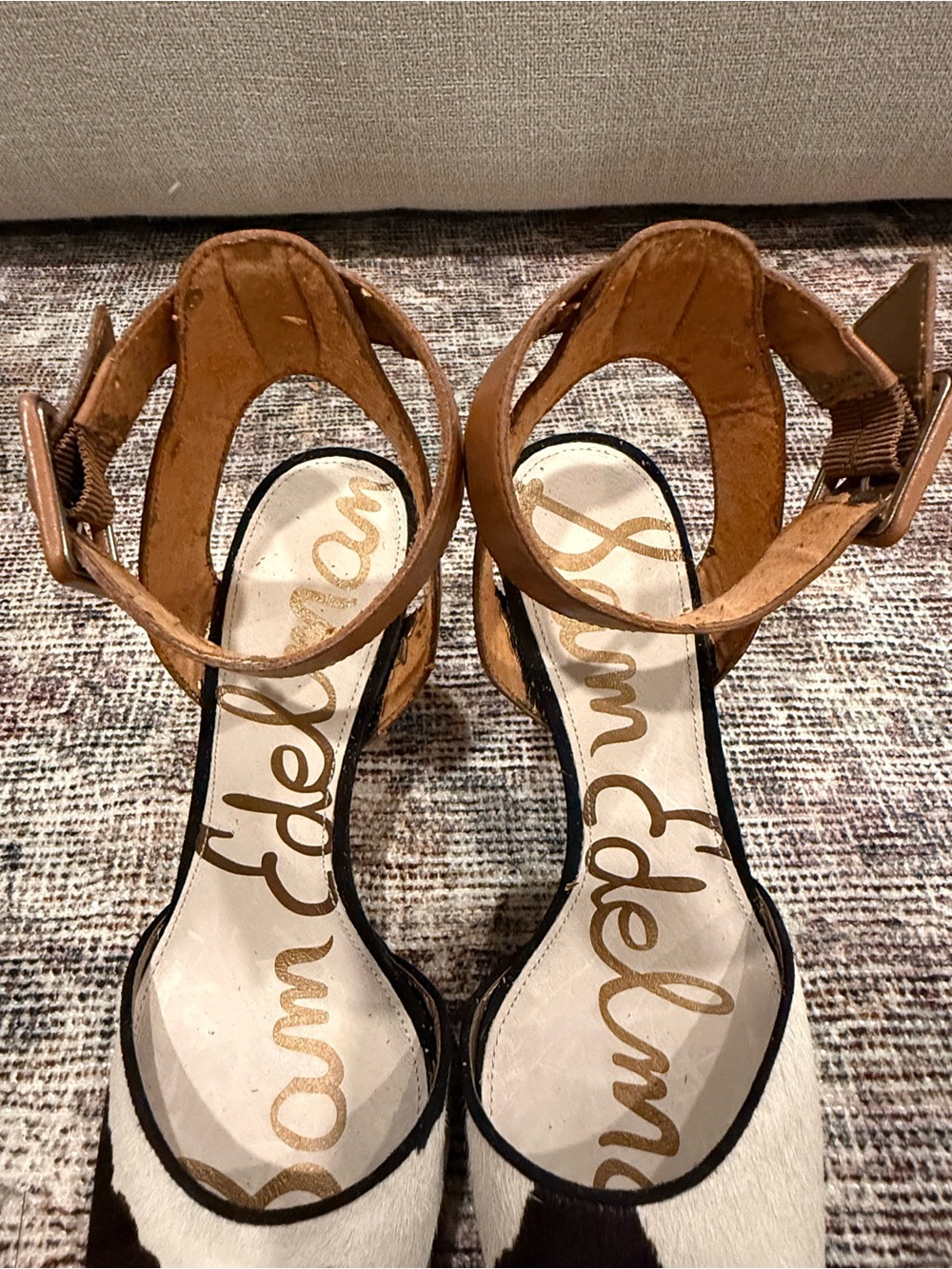 Sam Edelman Leather Cow Print Calf Hair Ankle Strap Pointed Toe Heels Size 6 - Picture 6 of 8